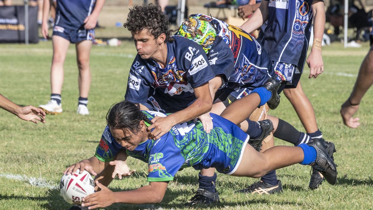 Pacific Nation try. Under 15's boys SW Qld Emus vs Pacific Nations Toowoomba. Saturday, February 25, 2023. Picture: Nev Madsen.