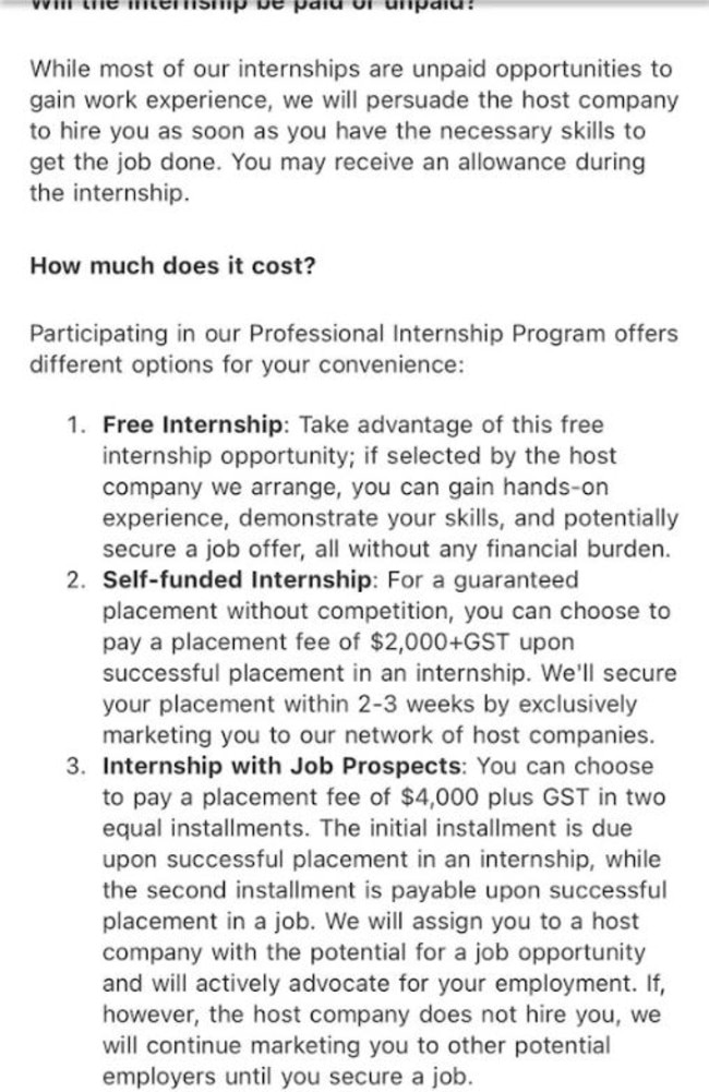 A recruitment company has come under fire over an advert for an unpaid internship program that costs $4,000. Picture: Supplied