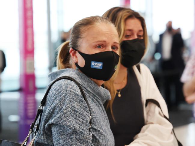 Mother and daughter Ali and Toni Eberhard reunite at Adelaide Airport. Picture: NCA NewsWire / David Mariuz