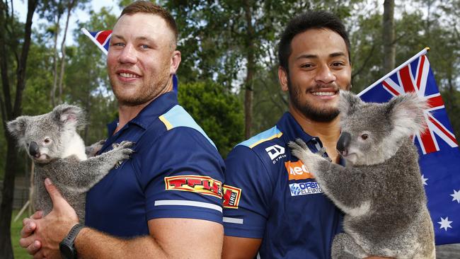 Tirans players Shannon Boyd and Phillip Sami with some animals at Paradise County.Picture: Tertius Pickard