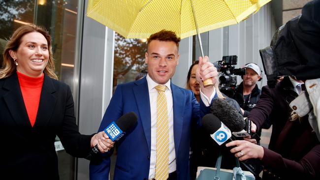 Taylor Auerbach leaves the Federal Court on Friday. The former Channel 7 producer will give evidence about documents and recordings provided to Spotlight after Network 10 successfully reopened Bruce Lehrmann's defamation trial. Picture: NCA NewsWire/Nikki Short.