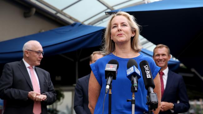 Charlotte Rimmer President of the Manly Business Chamber pictured speaking at a press conference in Manly about NSW Government support for businesses caught up in the lockdown. Picture: NCA NewsWire / Damian Shaw