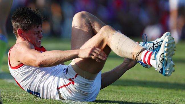 Swans ruckman Callum Sinclair hurt his ankle. Picture: Getty Images