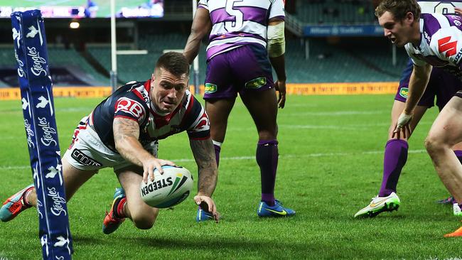 Rooster Shaun Kenny-Dowall scores against Melbourne Storm at Allianz Stadium. Picture: Phil Hillyard