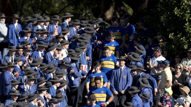 Grammar mascot Ting Tong lead TGS on to the field for the O'Callaghan Cup, Downlands vs TGS. Saturday, 27th Jul, 2019.