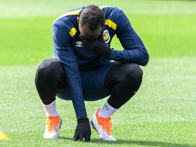 Eight-time Olympic sprinting gold medalist Usain Bolt is seen during a training session with the Central Coast Mariners at Central Coast Stadium in Gosford, Tuesday, August 28, 2018. (AAP Image/Brendan Esposito) NO ARCHIVING