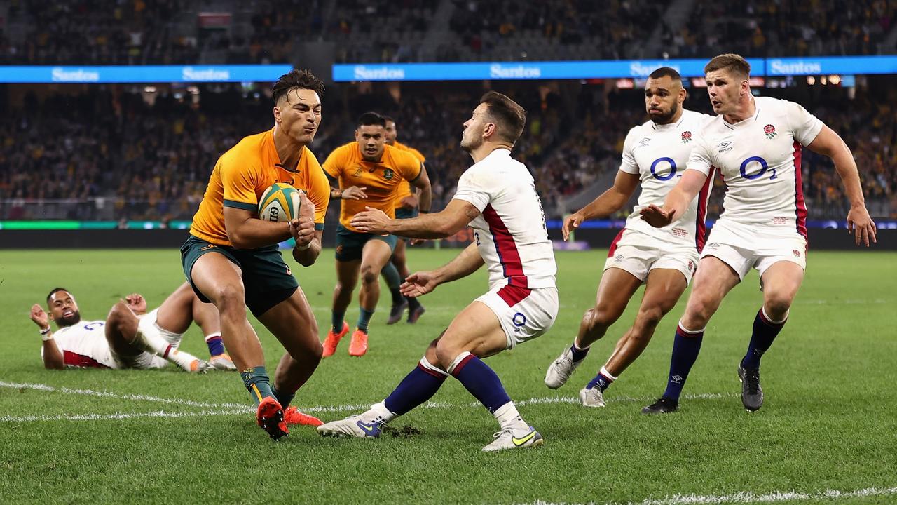 Jordan Petaia scored the Wallabies’ first try. Picture: Cameron Spencer/Getty Images