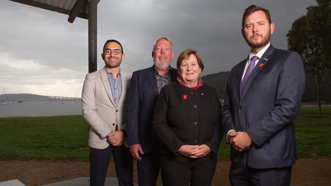 Bruce and Denise Morcombe with member for Clark Simon Behrakis and minister for Police, Fire and Emergency management Felix Ellis gather at Cornelian Bay to highlight the importance of the Community Protection (Offender Reporting) Amendment Bill 2024, to be known as Daniel's Law. Picture: Linda Higginson