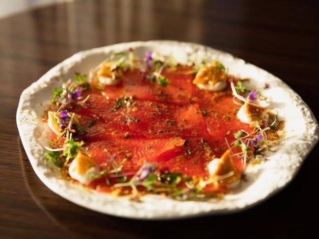 The Lounge by Frogmore Creek's Compressed watermelon carpaccio with minted harissa pesto, whipped vegan feta and walnut brittle. Picture: @twobirdssocial