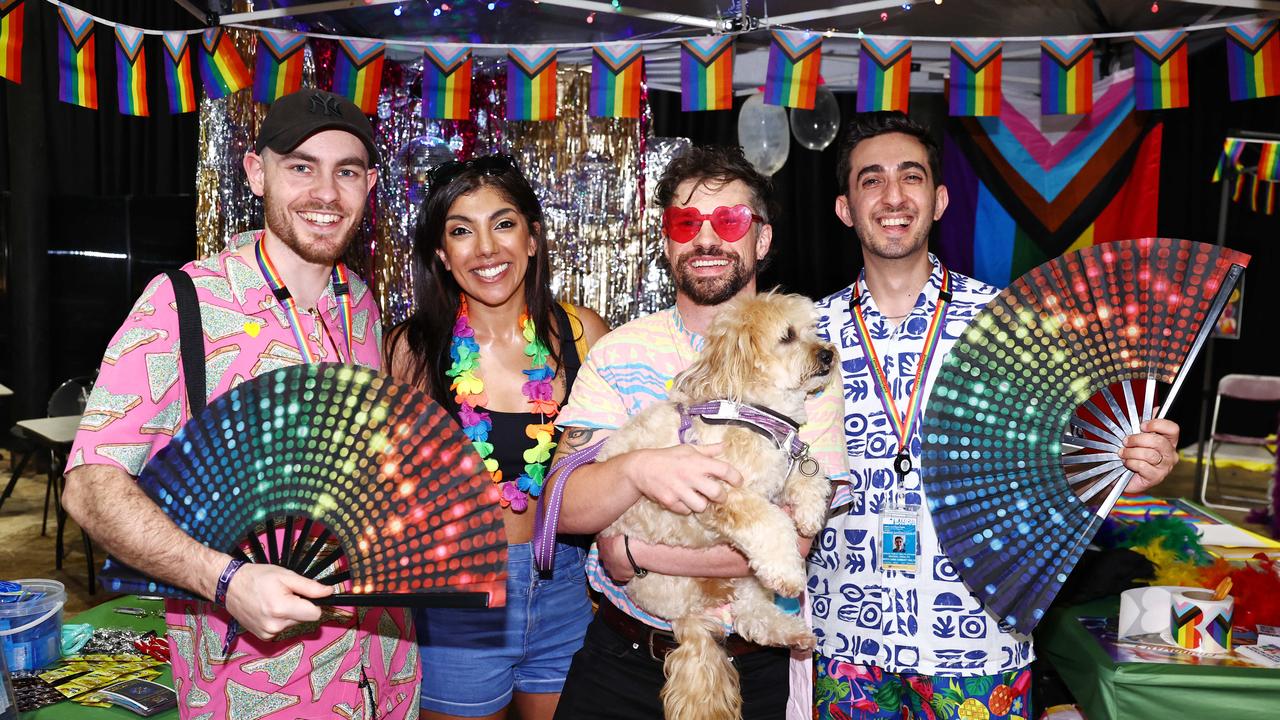 David Garozzo-Vaglio, Hardeep Kang, Sam Nicoll with his dog Steven-Jemima and Damian Garozzo-Vaglio at the Cairns Pride Festival's Pride Fair day, held at the Tanks Arts Centre, Edge Hill. Picture: Brendan Radke