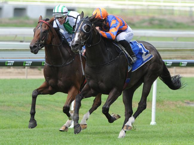 L'entrecote gains the upper hand on the outside to take out the third race. Picture: Grant Peters, Trackside Photography