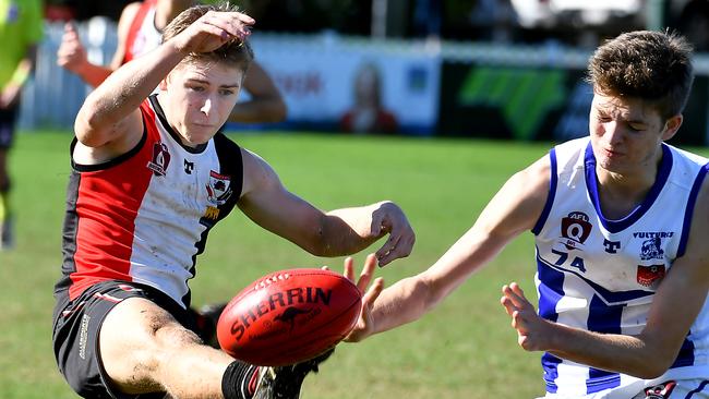 Morningside footballer Finn Raymond gets a kick away in the Colts QAFL football match against Mt Gravatt at Jack Esplen Oval Saturday May 28, 2022. Picture, John Gass