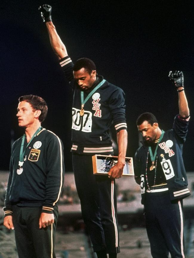 Peter Norman, Tommie Smith and John Carlos after the 200m final at the 1968 Olympic Games.