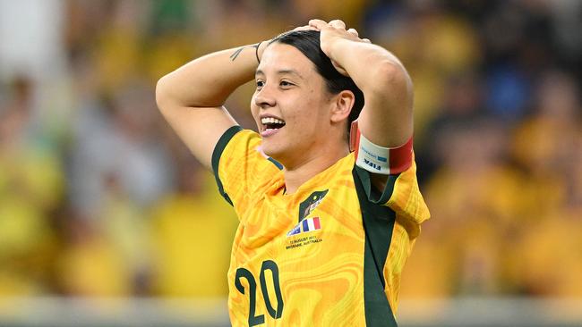 Sam Kerr reacts after the remarkable victory. Picture: Getty