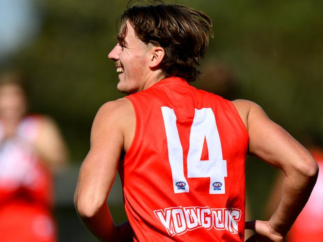 MELBOURNE, AUSTRALIA - APRIL 28: Will McLachlan of the Young Guns celebrates kicking a goal during the 2024 Young Guns Series match between the Young Guns and the Victoria Country U18 Boys at Highgate Recreation Centre on April 28, 2024 in Melbourne, Australia. (Photo by Josh Chadwick/AFL Photos)