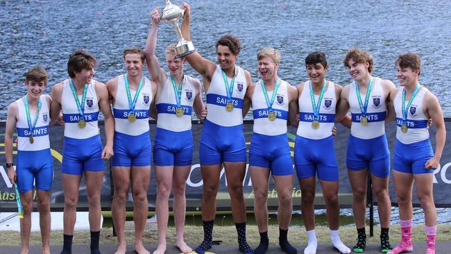 St Peter’s boys VIII rowing crew celebrates after being crowned the 2021 Schoolboy’s Coxed Eight National Champions in Tasmania. Picture: Richard Beale