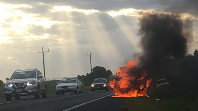 The Mitsubishi Outlander in flames. Picture: Supplied