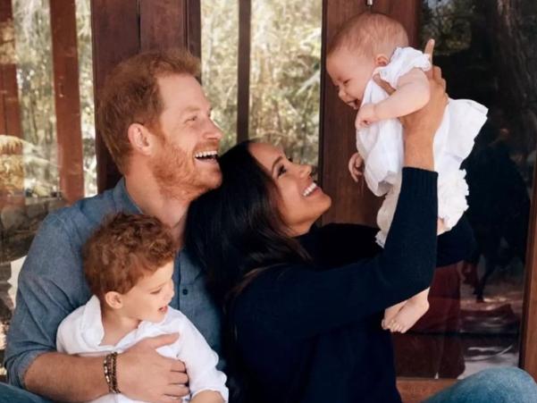 Prince Harry and Meghan Markle with Archie and Lilibet, pictured here in their 2021 Christmas Card. Picture: Alexi Lubomirski/Handout/The Duke and Duchess of Sussex