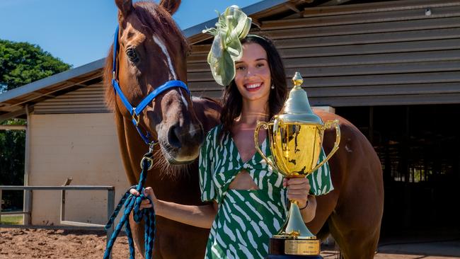 Darwin resident and model Tannwyn Lewis with the Tommy Logan trained Fromthenevernever has been named the 2023 Darwin Cup Carnival ambassador. Picture: Caroline Camilleri