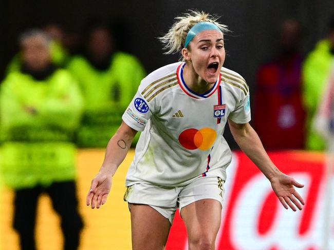 Lyon's Australian defender #12 Ellie Carpenter reacts during the UEFA Women's Champions League semi-final leg 1 of 2 football match between Olympique Lyonnais (OL) and Paris Saint-Germain (PSG) at the Parc Olympique Lyonnais stadium in Decines-Charpieu, central-eastern France, on April 20, 2024. (Photo by Olivier CHASSIGNOLE / AFP)