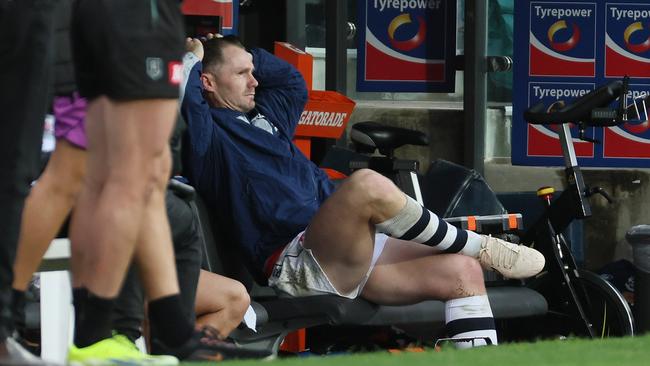 Patrick Dangerfield on the bench after being ruled out of the game. (Photo by James Elsby/AFL Photos via Getty Images)