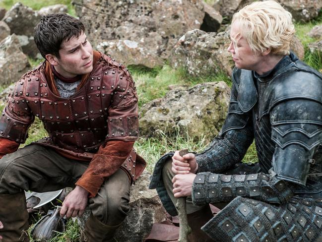 Warriors ... Daniel Portman as Podrick Payne and Gwendoline Christie as Brienne of Tarth. Picture: Helen Sloan/HBO