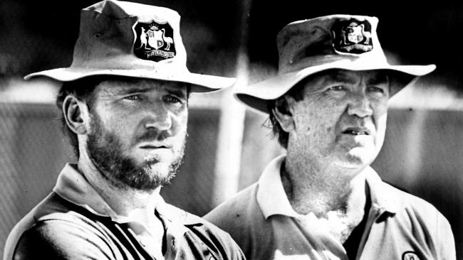 Allan Border pictured with coach Bob Simpson around the time his team was split by the South African rebel tours