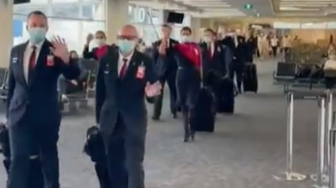 The Qantas crew on their way to board QF1 to London on Monday. Picture: Instagram/Qantas