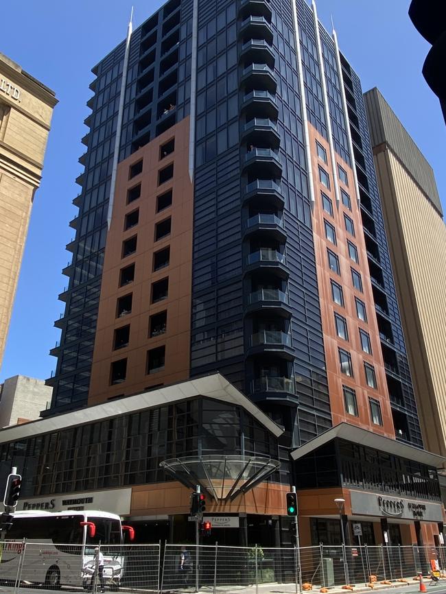 Peppers Hotel in Waymouth Street, Adelaide where three workers have tested positive to COVID-19. Picture: Simon Cross