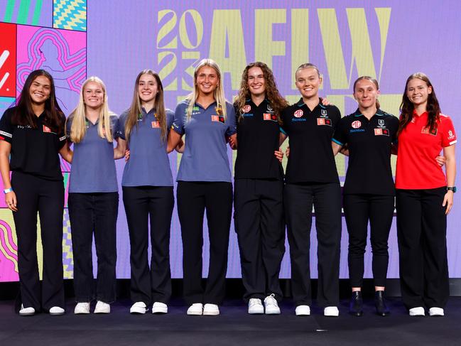 AFLW Expansion Pre-Signing Period Players: Amy Gaylor of the Bombers, Hayley McLaughlin, Laura Stone and Jess Vukic of Hawthorn, Lauren Young, Molly Brooksby and Shineah Goody of the Power and Holly Cooper of the Swans. Picture: Getty Images