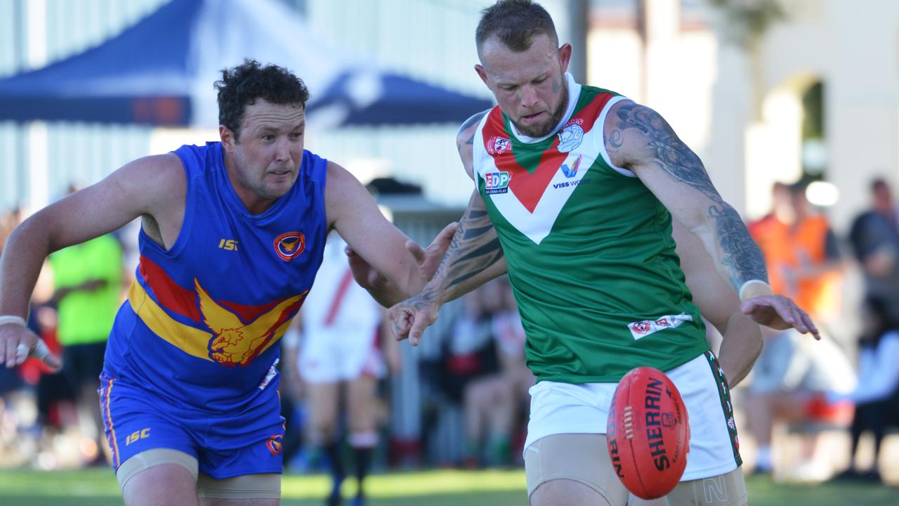 Dylan Jessen playing his first game for the Virginia Rams against the Hummocks Watchman Eagles in Pt Wakefield, Saturday, April 27, 2019. He is a former Finks bikie and he got banned from playing footy for king hitting someone. (Pic: Brenton Edwards)