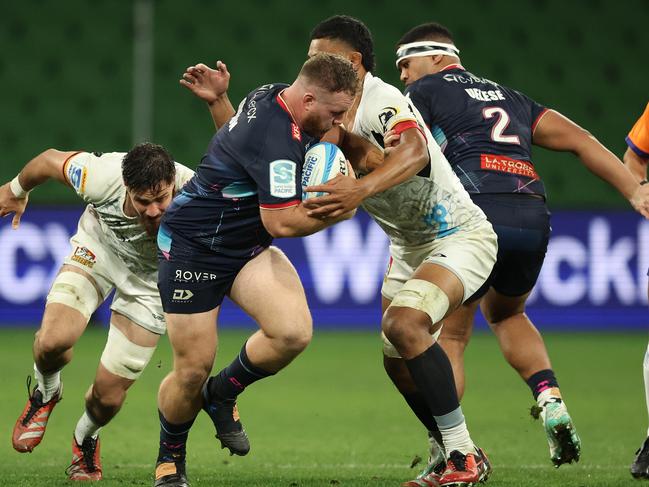 MELBOURNE, AUSTRALIA - MAY 17: Matt Gibbon of the Rebels runs with the ball during the round 13 Super Rugby Pacific match between Melbourne Rebels and Chiefs at AAMI Park, on May 17, 2024, in Melbourne, Australia. (Photo by Robert Cianflone/Getty Images)