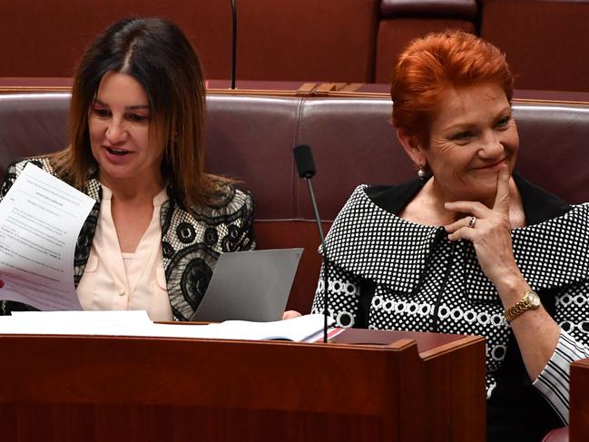 Jacqui Lambie Network Senator Jacqui Lambie and One Nation leader Senator Pauline Hanson before the vote on the Ensuring Integrity Bill in the Senate chamber at Parliament House in Canberra, Thursday, November 28, 2019. (AAP Image/Mick Tsikas) NO ARCHIVING