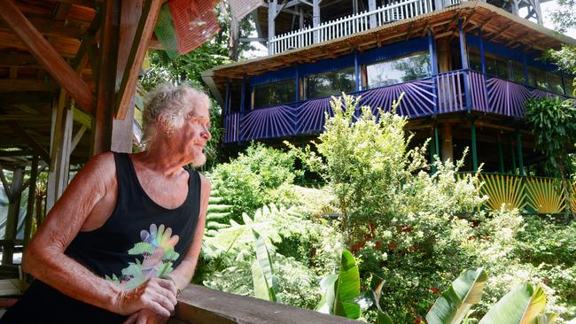 Guy Feldmann at The Rainbow Temple, a towering structure on his property in Rosebank, inland from Byron Bay. Picture: Liana Boss