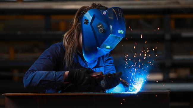 Female metal fabricator Taylor Adcock at work as an apprentice, in Smeaton Grange, today. She is at TAFE NSW Campbelltown.TAFE NSW has observed a 19.2% increase in engineering course enrolments across the state.Picture:Justin Lloyd