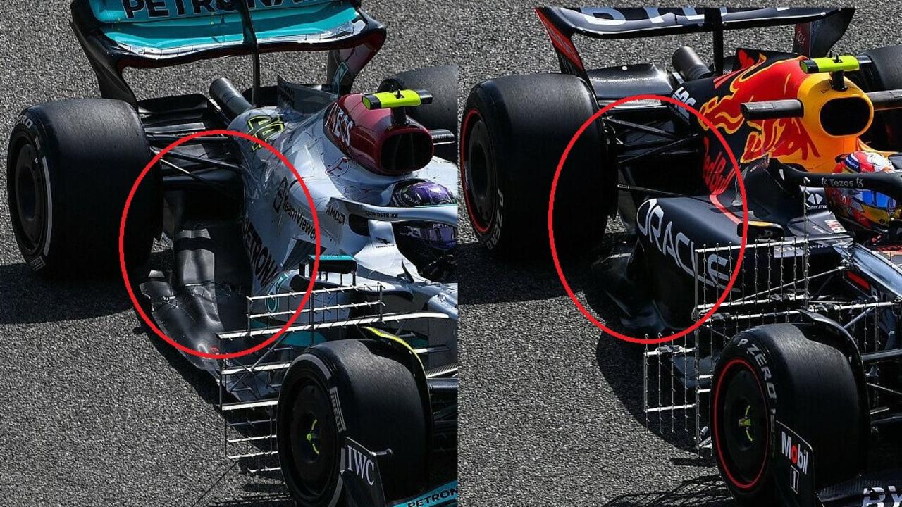 A comparison of the Mercedes and Red Bull sidepods.