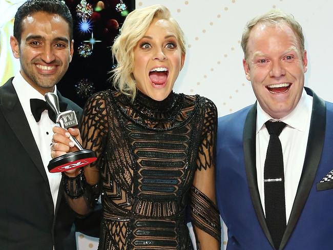 MELBOURNE, AUSTRALIA - MAY 08:  Waleed Aly, Carrie Bickmore and Peter Helliar pose with the Logie Award for Best News Panel Or Current Affairs Program 'The Project ' during the 58th Annual Logie Awards at Crown Palladium on May 8, 2016 in Melbourne, Australia.  (Photo by Scott Barbour/Getty Images)