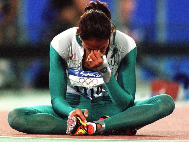 Freeman reacts after winning gold at the 2000 Olympics.