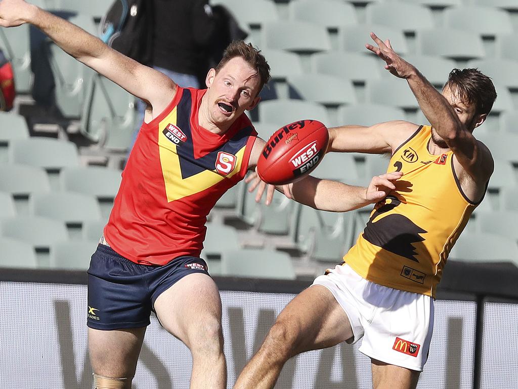 SANFL - STATE GAME - SA v WA at the Adelaide Oval. Aidan Riley and Shane Nelson. Picture SARAH REED