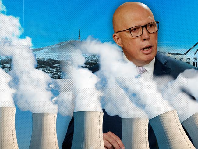 20 June 2024; Photo comp of Peter Dutton in front of Parliament House and Canberra with a domino effect of nuclear plants falling in front of him, he seems to have stopped one mid-fall. Artwork by Emilia Tortorella for the front cover of Inquirer. Sources supplied. Ratio 16:9.