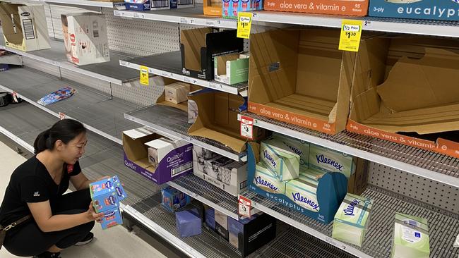 Super markets in Brisbane are running low on toilet paper and tissues due to panic buying caused by coronavirus. AAP Image/Richard Gosling