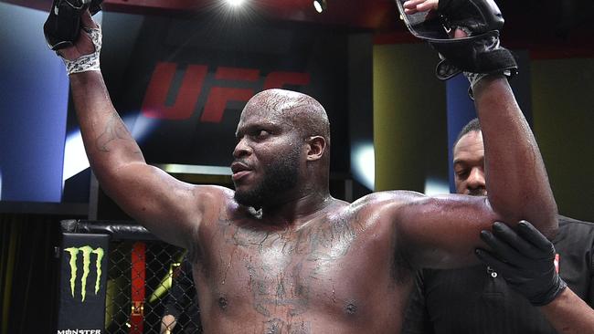 LAS VEGAS, NEVADA - AUGUST 08: In this handout photo provided by UFC, Derrick Lewis reacts after his knockout over Aleksei Oleinik of Russia in their heavyweight fight during the UFC Fight Night event at UFC APEX on August 08, 2020 in Las Vegas, Nevada. (Photo by Chris Unger/Zuffa LLC via Getty Images)