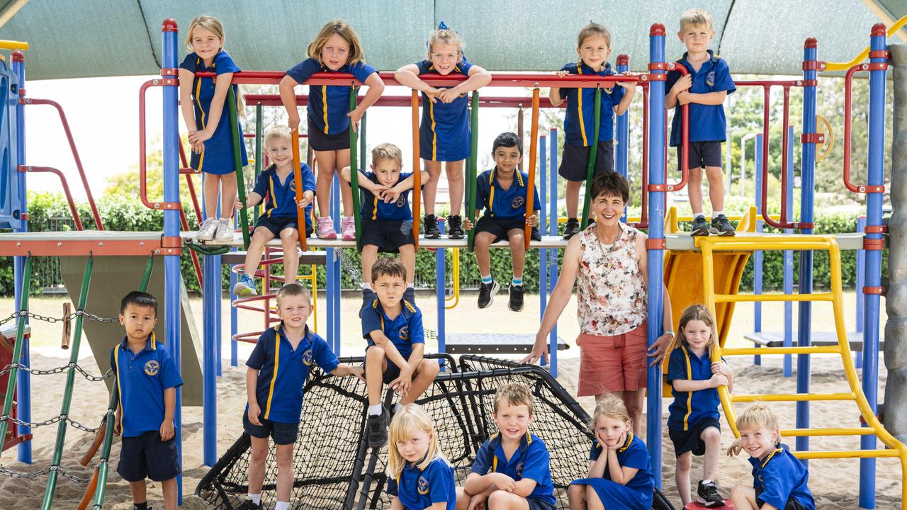 MY FIRST YEAR 2024: Pittsworth State School Prep S students (from left, on bridge) Madi, Izaiah, Sophie, Monty, Helaina, Nihan, Grace and Tripp and (in front, from left) Kurt, Chad, Lynn, Annalise, Lucas, Mrs Smith, Bailey, Adilynn and Ryder, Tuesday, February 27, 2024. Picture: Kevin Farmer