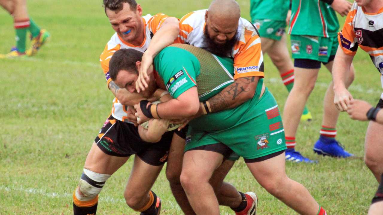 HARD HITS: The Tannum Sands Seagulls rugby league team swooped onto Wallabys to win 42-34 in a high scoring match last Sunday. Picture: Contributed