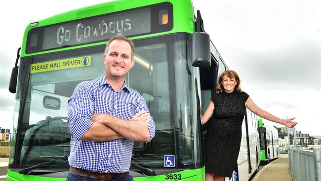 Wayne Croton General Manager Sunbus Nth Qld and Townsville Mayor Jenny Hill unveiling the first of 20 new buses arriving in Townsville over the coming months. Picture: Shae Beplate.