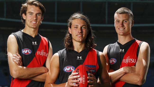 Essendon draft picks (from left) Zach Reid, Archie Perkins and Nik Cox. Picture: Dylan Burns