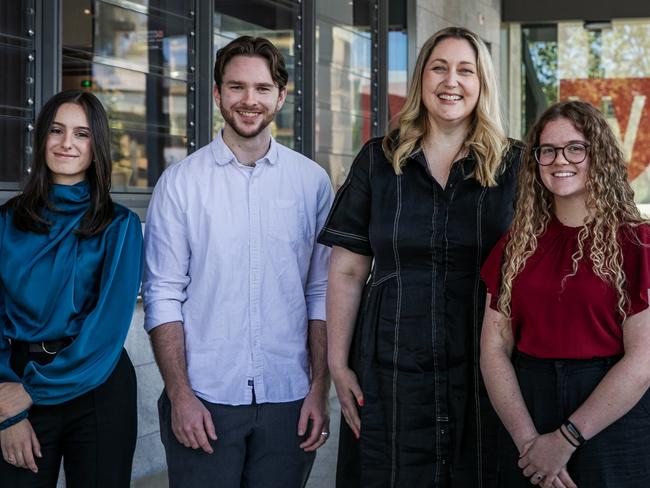 Clinical psychology student Nicola Lopino, honours student Jack Parry, Assistant Mental Health Minister Emma McBride and Professional psychology graduate Emily Dunn. Picture: Sally Tsoutas