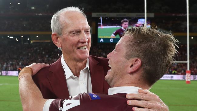 Wayne Bennett congratulates Harry Grant on a wonderful Origin debut.