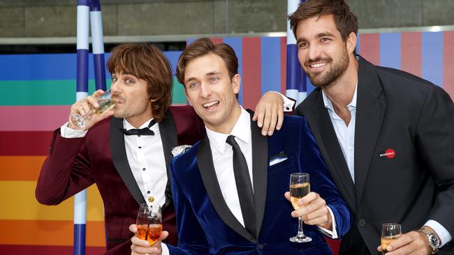 Matt Ford and Jack Steele with Tom Derick at Melbourne fashion festival’s opening night at NGV in March. Picture: David Geraghty