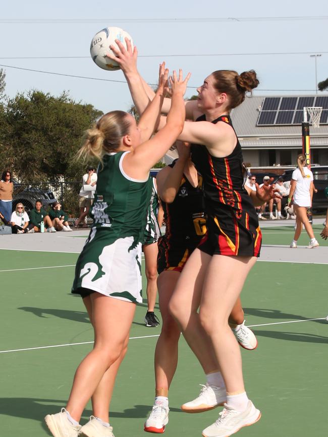 St Joseph's Brooke Allan makes a strong grab. St Joseph's v Bell Park GFNL Netball. Picture: Alan Barber
